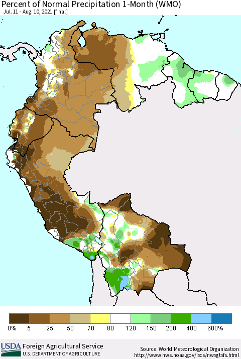 Northern South America Percent of Normal Precipitation 1-Month (WMO) Thematic Map For 7/11/2021 - 8/10/2021