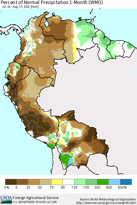 Northern South America Percent of Normal Precipitation 1-Month (WMO) Thematic Map For 7/16/2021 - 8/15/2021