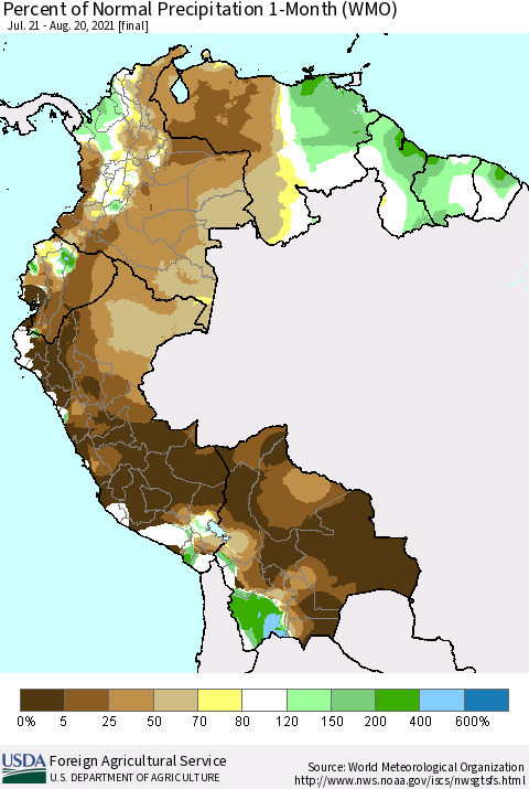 Northern South America Percent of Normal Precipitation 1-Month (WMO) Thematic Map For 7/21/2021 - 8/20/2021