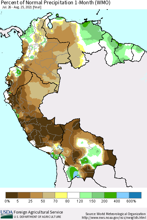 Northern South America Percent of Normal Precipitation 1-Month (WMO) Thematic Map For 7/26/2021 - 8/25/2021