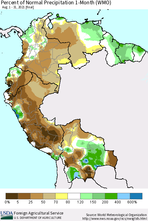 Northern South America Percent of Normal Precipitation 1-Month (WMO) Thematic Map For 8/1/2021 - 8/31/2021