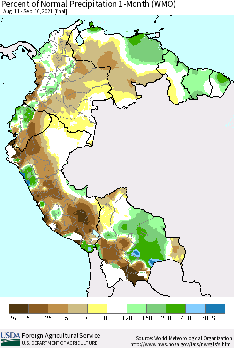Northern South America Percent of Normal Precipitation 1-Month (WMO) Thematic Map For 8/11/2021 - 9/10/2021