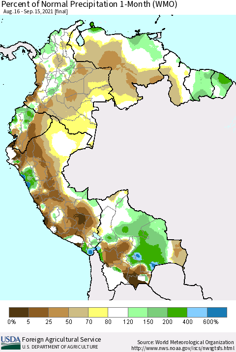 Northern South America Percent of Normal Precipitation 1-Month (WMO) Thematic Map For 8/16/2021 - 9/15/2021