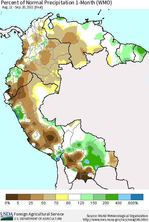 Northern South America Percent of Normal Precipitation 1-Month (WMO) Thematic Map For 8/21/2021 - 9/20/2021