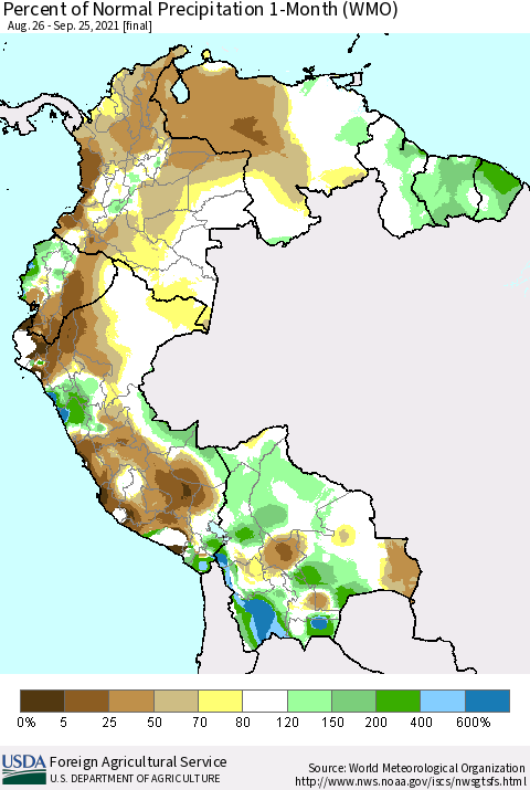 Northern South America Percent of Normal Precipitation 1-Month (WMO) Thematic Map For 8/26/2021 - 9/25/2021