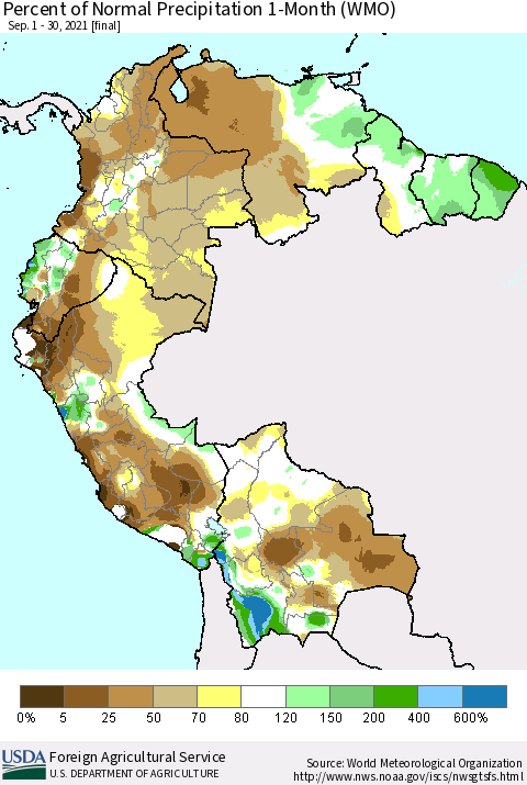 Northern South America Percent of Normal Precipitation 1-Month (WMO) Thematic Map For 9/1/2021 - 9/30/2021