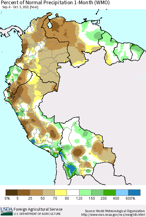 Northern South America Percent of Normal Precipitation 1-Month (WMO) Thematic Map For 9/6/2021 - 10/5/2021