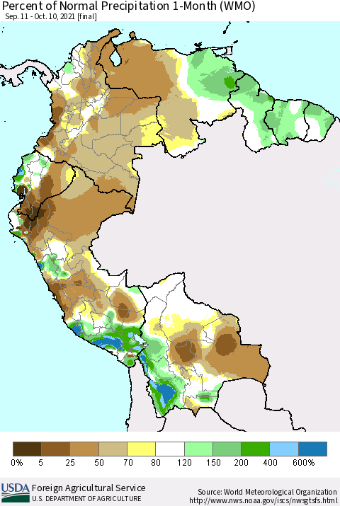 Northern South America Percent of Normal Precipitation 1-Month (WMO) Thematic Map For 9/11/2021 - 10/10/2021