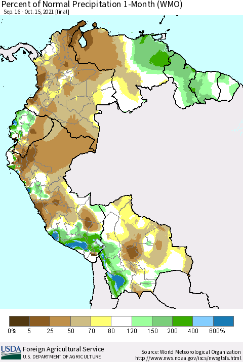 Northern South America Percent of Normal Precipitation 1-Month (WMO) Thematic Map For 9/16/2021 - 10/15/2021