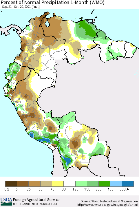 Northern South America Percent of Normal Precipitation 1-Month (WMO) Thematic Map For 9/21/2021 - 10/20/2021