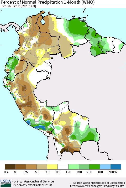 Northern South America Percent of Normal Precipitation 1-Month (WMO) Thematic Map For 9/26/2021 - 10/25/2021