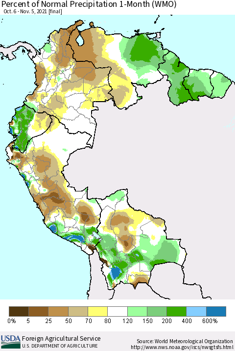 Northern South America Percent of Normal Precipitation 1-Month (WMO) Thematic Map For 10/6/2021 - 11/5/2021