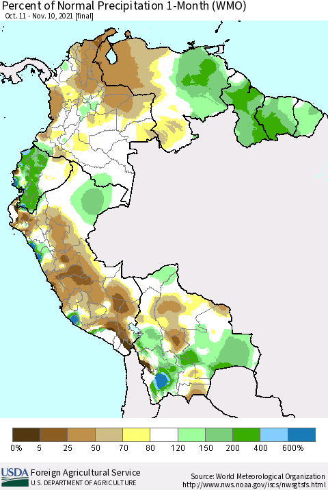 Northern South America Percent of Normal Precipitation 1-Month (WMO) Thematic Map For 10/11/2021 - 11/10/2021