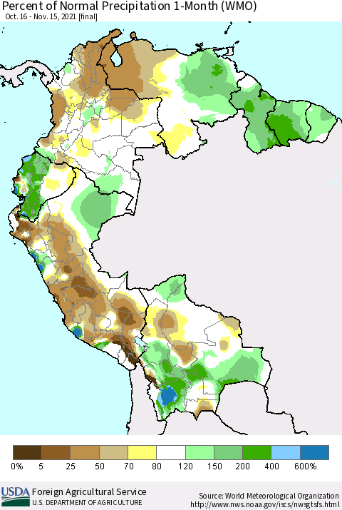 Northern South America Percent of Normal Precipitation 1-Month (WMO) Thematic Map For 10/16/2021 - 11/15/2021