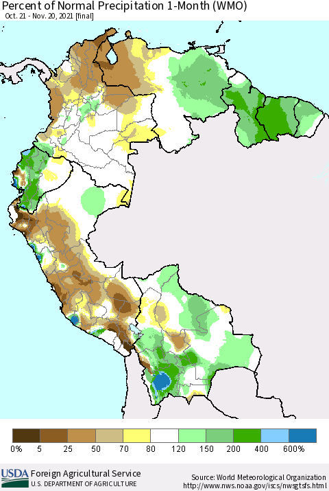 Northern South America Percent of Normal Precipitation 1-Month (WMO) Thematic Map For 10/21/2021 - 11/20/2021