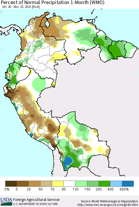 Northern South America Percent of Normal Precipitation 1-Month (WMO) Thematic Map For 10/26/2021 - 11/25/2021