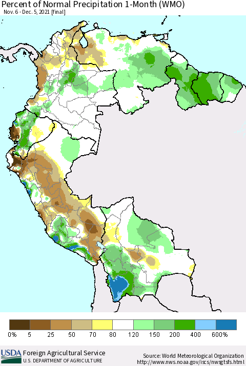 Northern South America Percent of Normal Precipitation 1-Month (WMO) Thematic Map For 11/6/2021 - 12/5/2021