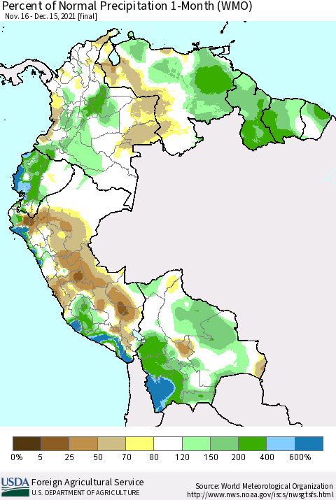 Northern South America Percent of Normal Precipitation 1-Month (WMO) Thematic Map For 11/16/2021 - 12/15/2021