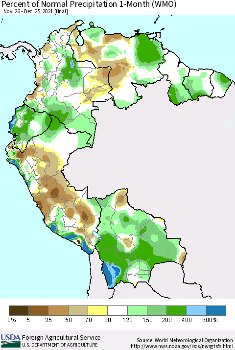 Northern South America Percent of Normal Precipitation 1-Month (WMO) Thematic Map For 11/26/2021 - 12/25/2021