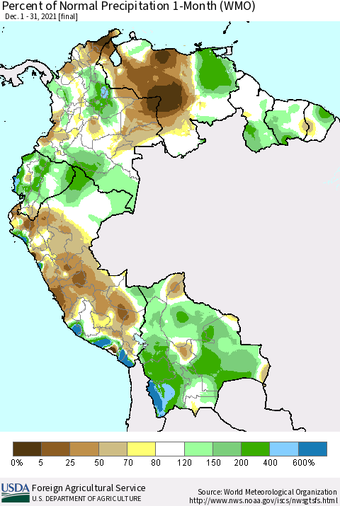 Northern South America Percent of Normal Precipitation 1-Month (WMO) Thematic Map For 12/1/2021 - 12/31/2021