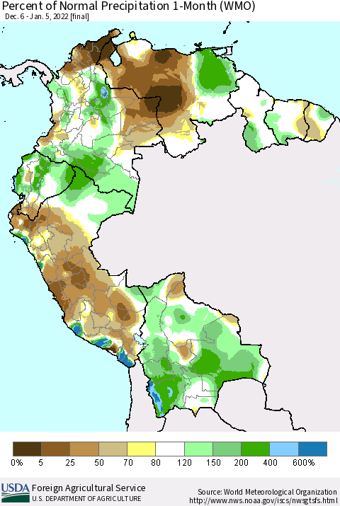 Northern South America Percent of Normal Precipitation 1-Month (WMO) Thematic Map For 12/6/2021 - 1/5/2022