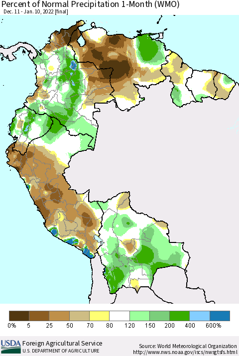 Northern South America Percent of Normal Precipitation 1-Month (WMO) Thematic Map For 12/11/2021 - 1/10/2022