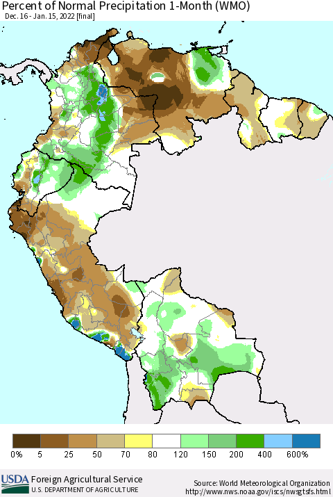 Northern South America Percent of Normal Precipitation 1-Month (WMO) Thematic Map For 12/16/2021 - 1/15/2022
