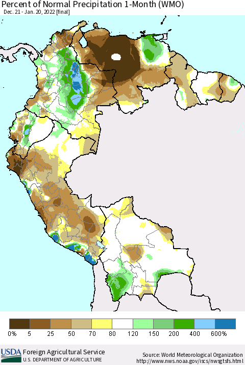 Northern South America Percent of Normal Precipitation 1-Month (WMO) Thematic Map For 12/21/2021 - 1/20/2022