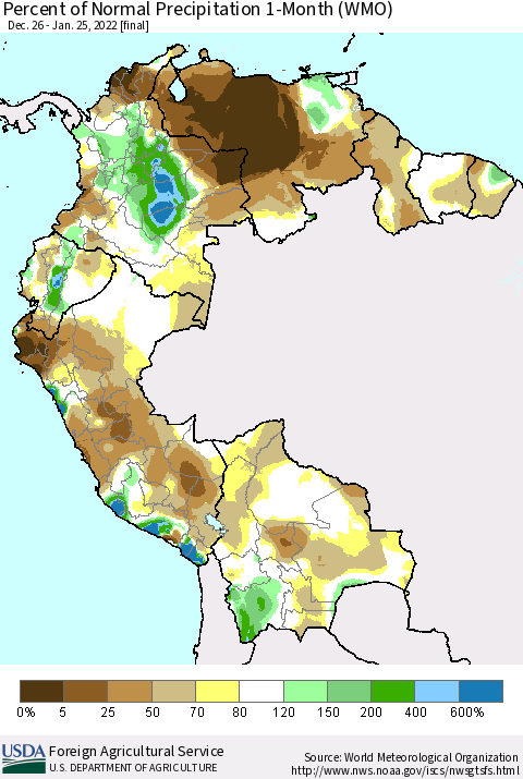 Northern South America Percent of Normal Precipitation 1-Month (WMO) Thematic Map For 12/26/2021 - 1/25/2022