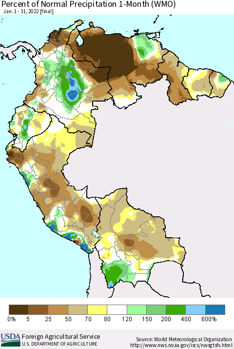 Northern South America Percent of Normal Precipitation 1-Month (WMO) Thematic Map For 1/1/2022 - 1/31/2022