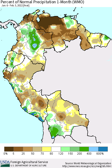 Northern South America Percent of Normal Precipitation 1-Month (WMO) Thematic Map For 1/6/2022 - 2/5/2022