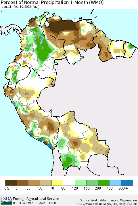 Northern South America Percent of Normal Precipitation 1-Month (WMO) Thematic Map For 1/11/2022 - 2/10/2022