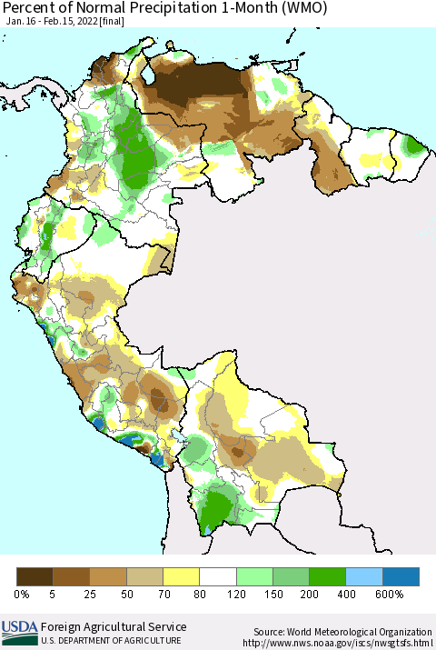 Northern South America Percent of Normal Precipitation 1-Month (WMO) Thematic Map For 1/16/2022 - 2/15/2022
