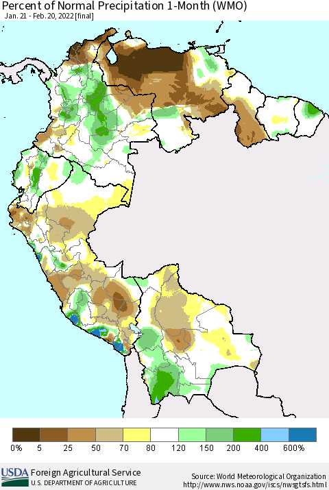 Northern South America Percent of Normal Precipitation 1-Month (WMO) Thematic Map For 1/21/2022 - 2/20/2022