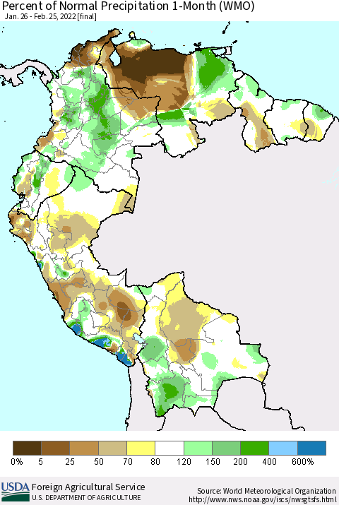 Northern South America Percent of Normal Precipitation 1-Month (WMO) Thematic Map For 1/26/2022 - 2/25/2022