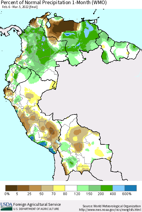 Northern South America Percent of Normal Precipitation 1-Month (WMO) Thematic Map For 2/6/2022 - 3/5/2022