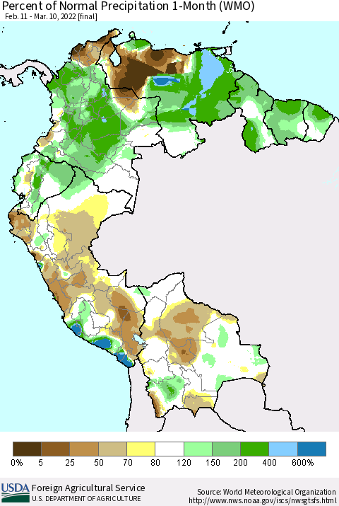 Northern South America Percent of Normal Precipitation 1-Month (WMO) Thematic Map For 2/11/2022 - 3/10/2022