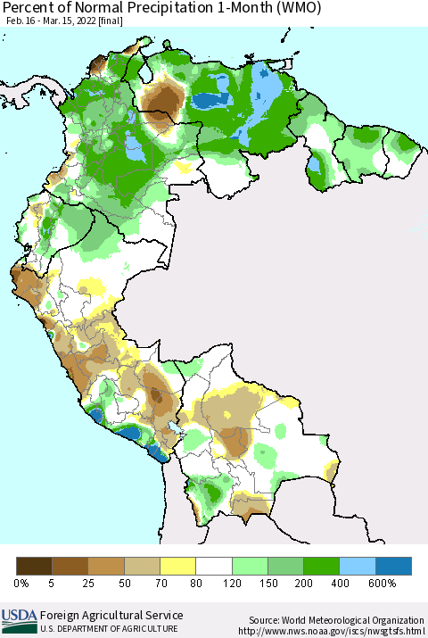 Northern South America Percent of Normal Precipitation 1-Month (WMO) Thematic Map For 2/16/2022 - 3/15/2022