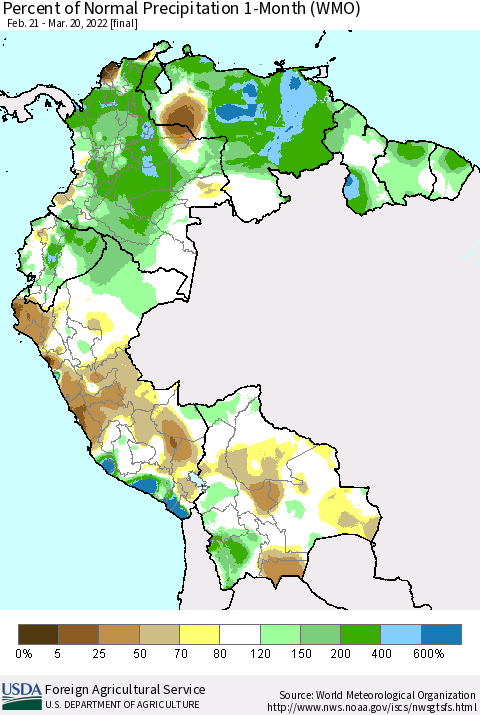 Northern South America Percent of Normal Precipitation 1-Month (WMO) Thematic Map For 2/21/2022 - 3/20/2022