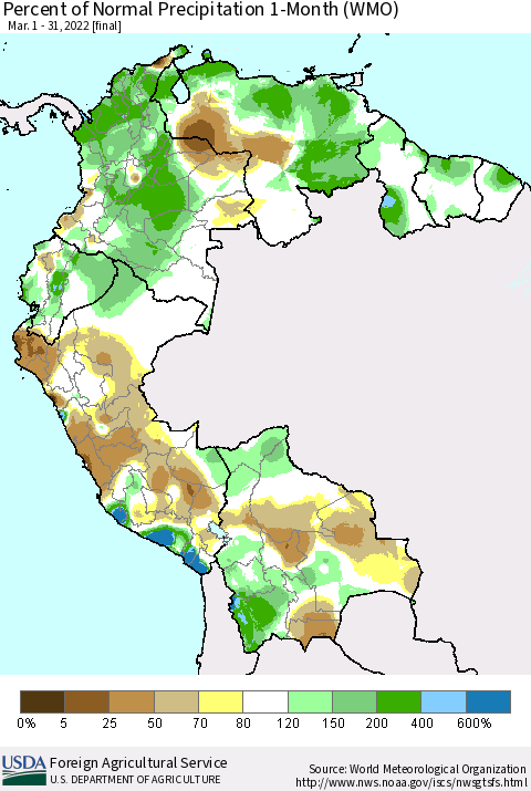 Northern South America Percent of Normal Precipitation 1-Month (WMO) Thematic Map For 3/1/2022 - 3/31/2022