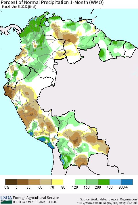 Northern South America Percent of Normal Precipitation 1-Month (WMO) Thematic Map For 3/6/2022 - 4/5/2022