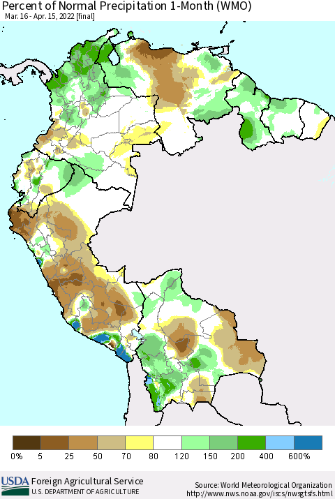 Northern South America Percent of Normal Precipitation 1-Month (WMO) Thematic Map For 3/16/2022 - 4/15/2022