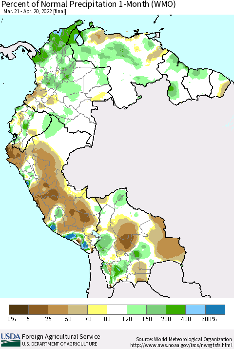 Northern South America Percent of Normal Precipitation 1-Month (WMO) Thematic Map For 3/21/2022 - 4/20/2022