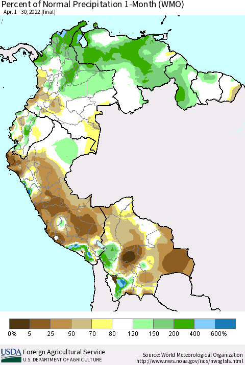 Northern South America Percent of Normal Precipitation 1-Month (WMO) Thematic Map For 4/1/2022 - 4/30/2022