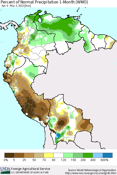 Northern South America Percent of Normal Precipitation 1-Month (WMO) Thematic Map For 4/6/2022 - 5/5/2022