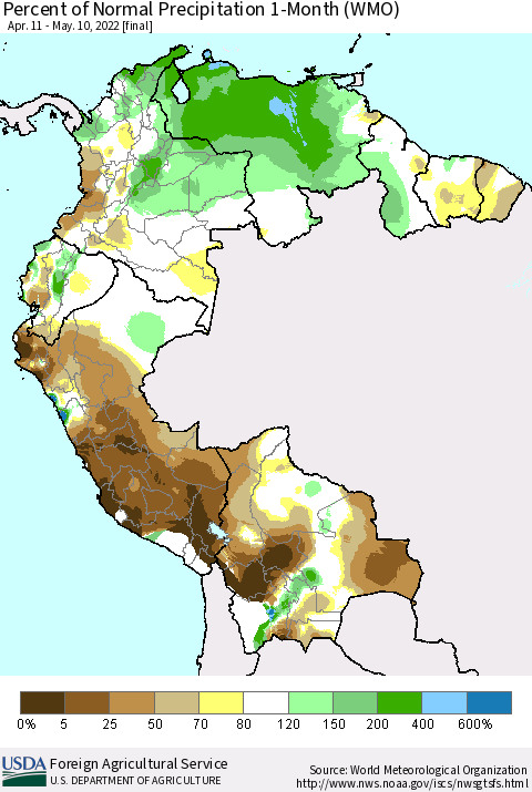 Northern South America Percent of Normal Precipitation 1-Month (WMO) Thematic Map For 4/11/2022 - 5/10/2022