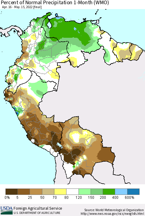 Northern South America Percent of Normal Precipitation 1-Month (WMO) Thematic Map For 4/16/2022 - 5/15/2022