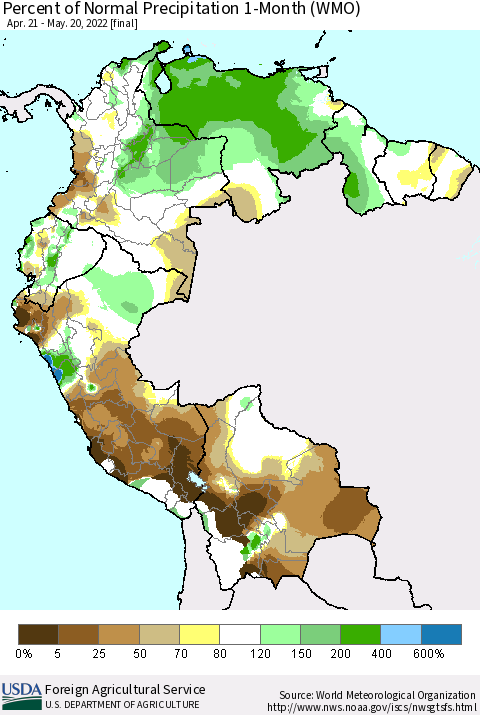 Northern South America Percent of Normal Precipitation 1-Month (WMO) Thematic Map For 4/21/2022 - 5/20/2022