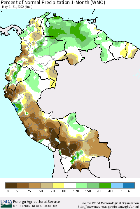 Northern South America Percent of Normal Precipitation 1-Month (WMO) Thematic Map For 5/1/2022 - 5/31/2022