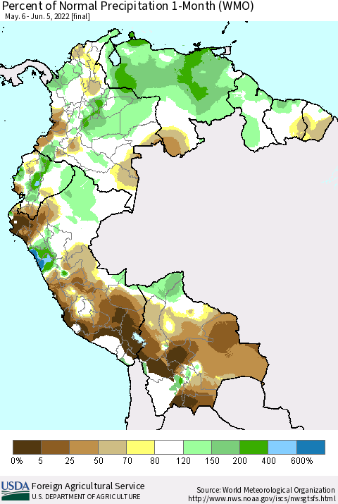 Northern South America Percent of Normal Precipitation 1-Month (WMO) Thematic Map For 5/6/2022 - 6/5/2022